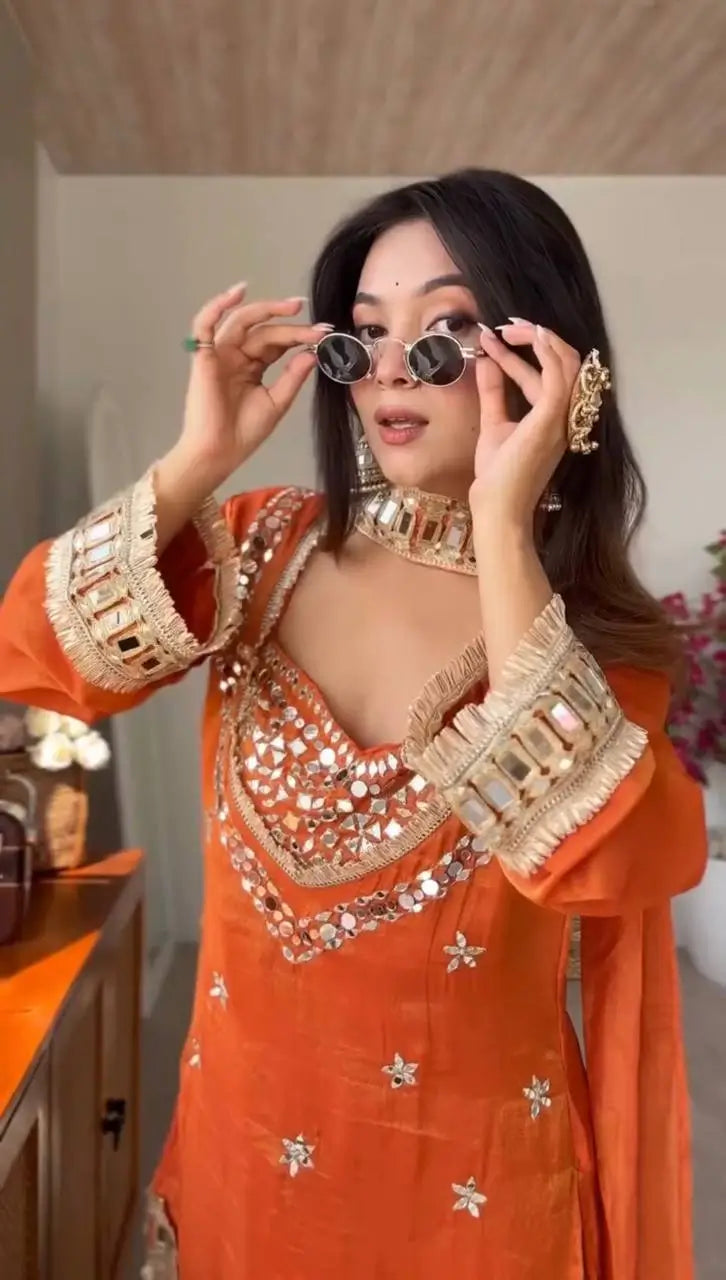 Mirror Work Fendy Silk Sharara Set with Dupatta