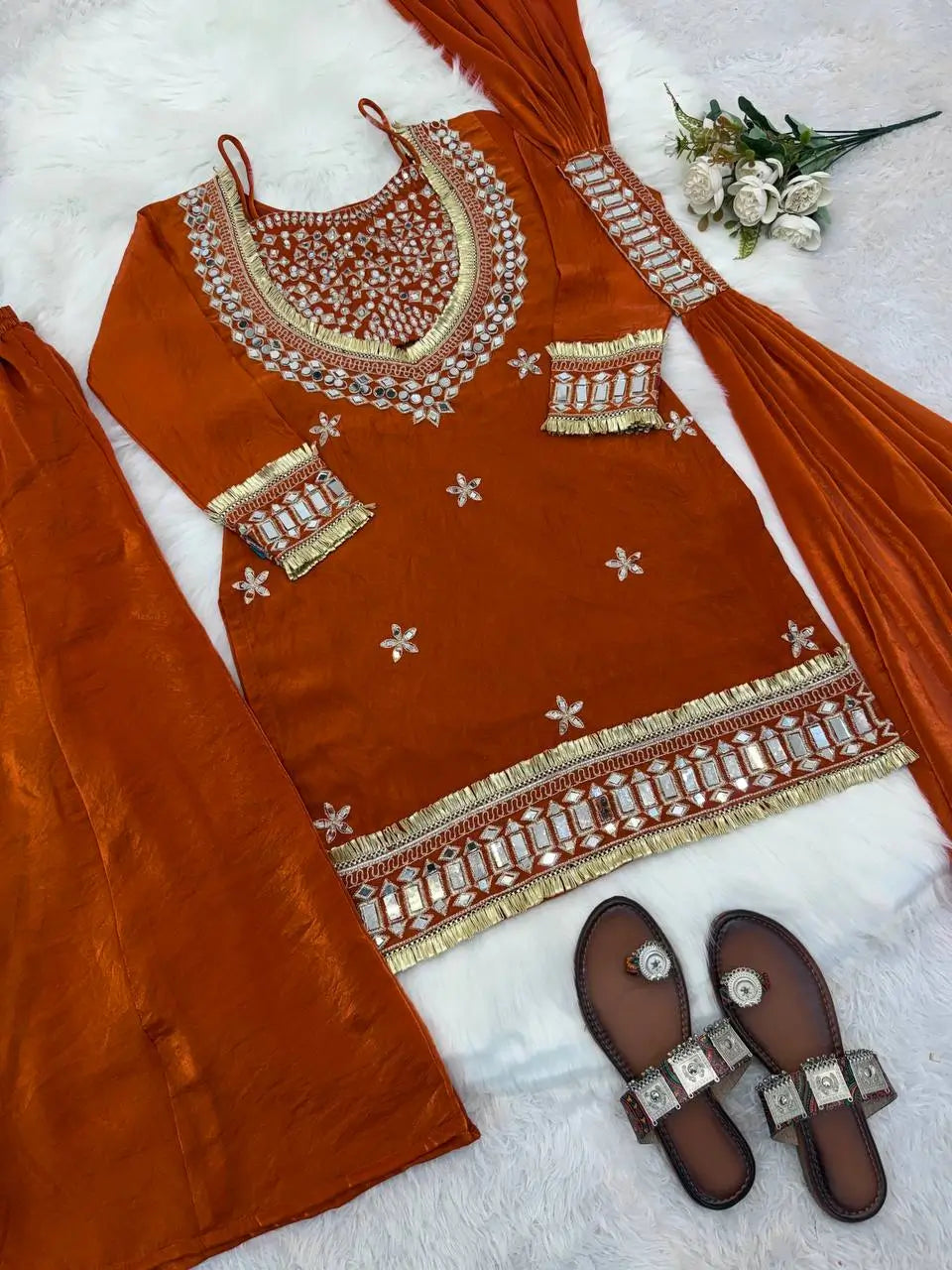 Mirror Work Fendy Silk Sharara Set with Dupatta