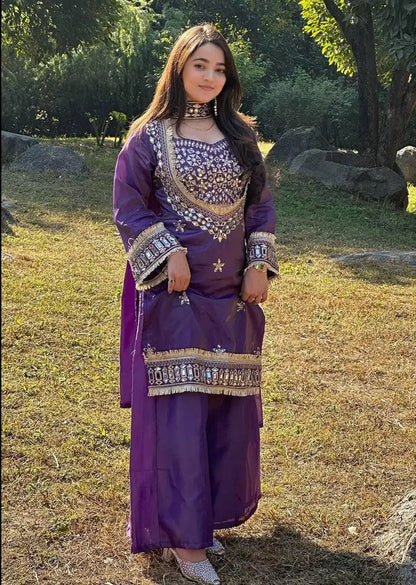 Mirror Work Fendy Silk Sharara Set with Dupatta