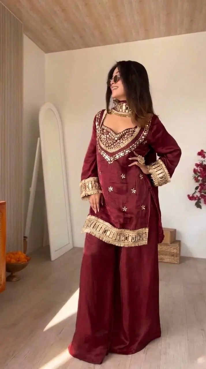 Mirror Work Fendy Silk Sharara Set with Dupatta