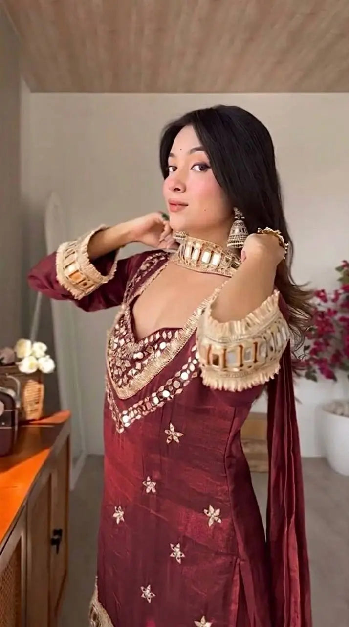 Mirror Work Fendy Silk Sharara Set with Dupatta