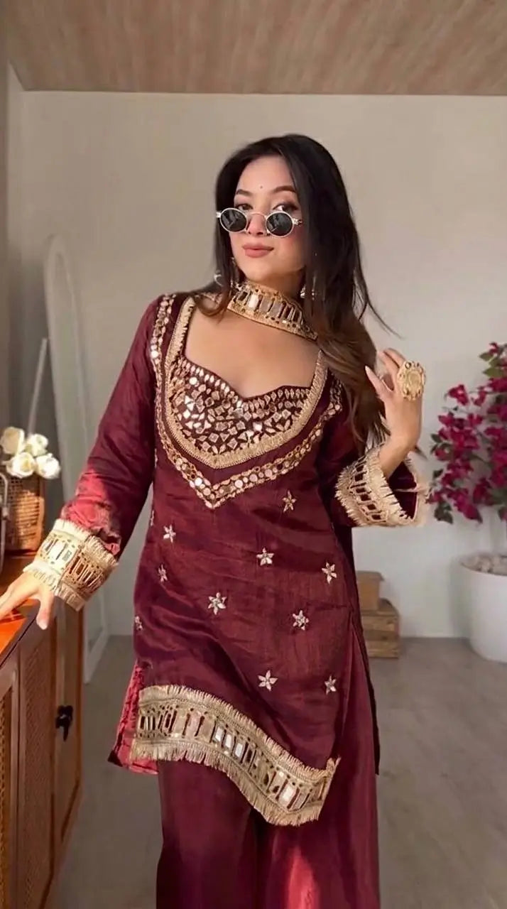 Mirror Work Fendy Silk Sharara Set with Dupatta