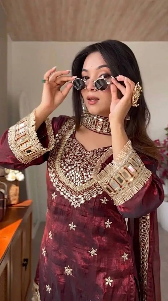 Mirror Work Fendy Silk Sharara Set with Dupatta