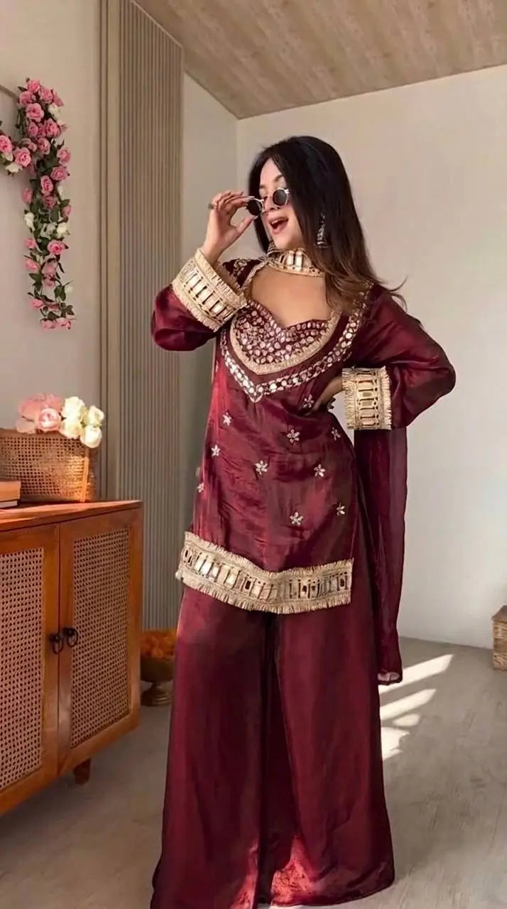 Mirror Work Fendy Silk Sharara Set with Dupatta