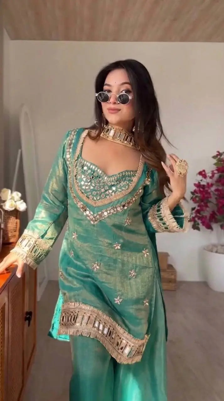 Mirror Work Fendy Silk Sharara Set with Dupatta