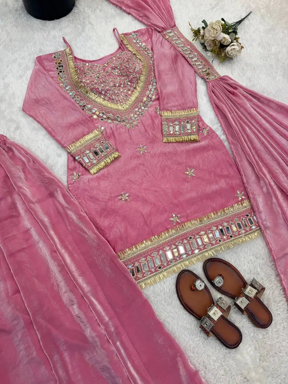 Mirror Work Fendy Silk Sharara Set with Dupatta
