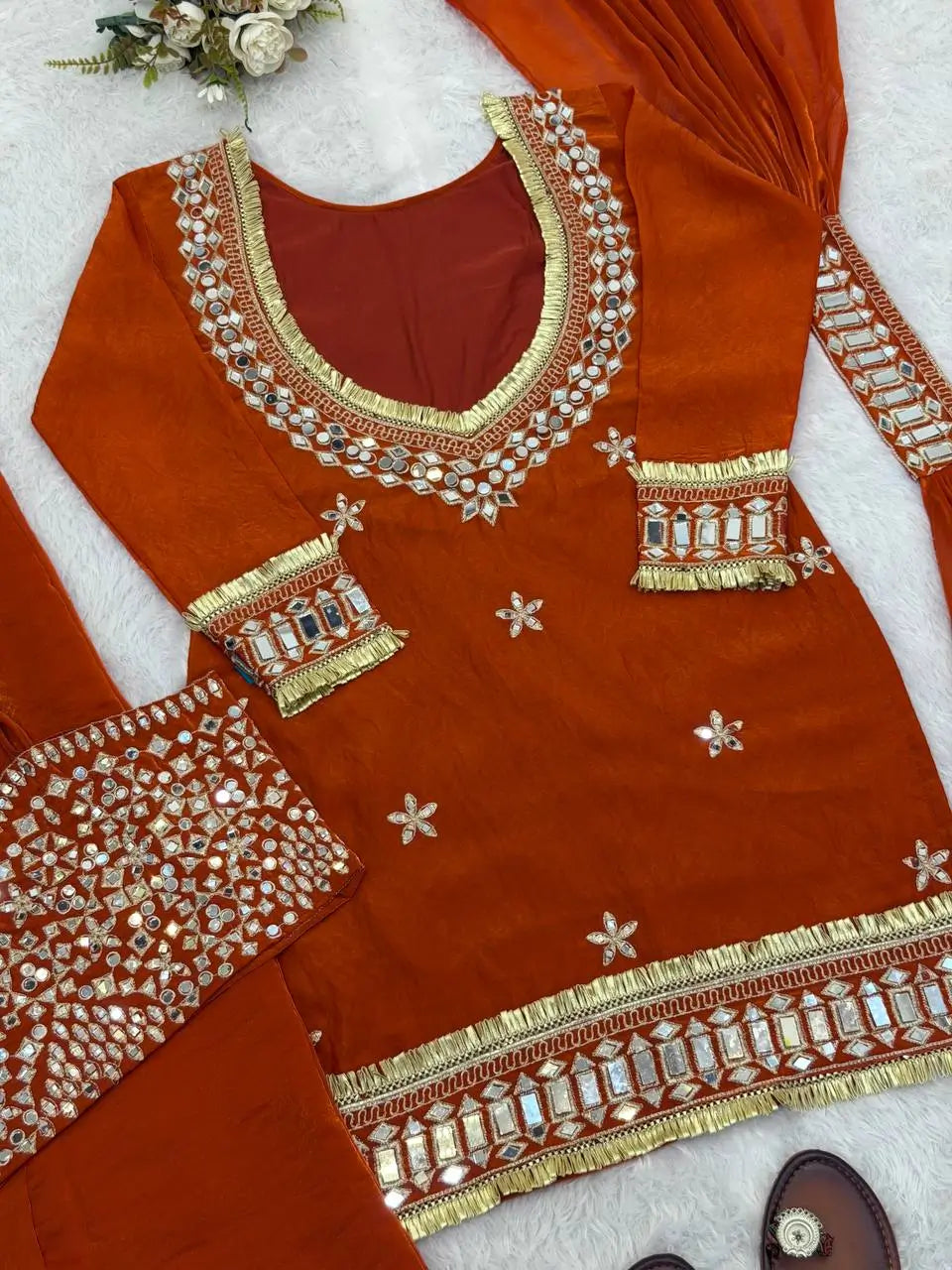 Mirror Work Fendy Silk Sharara Set with Dupatta