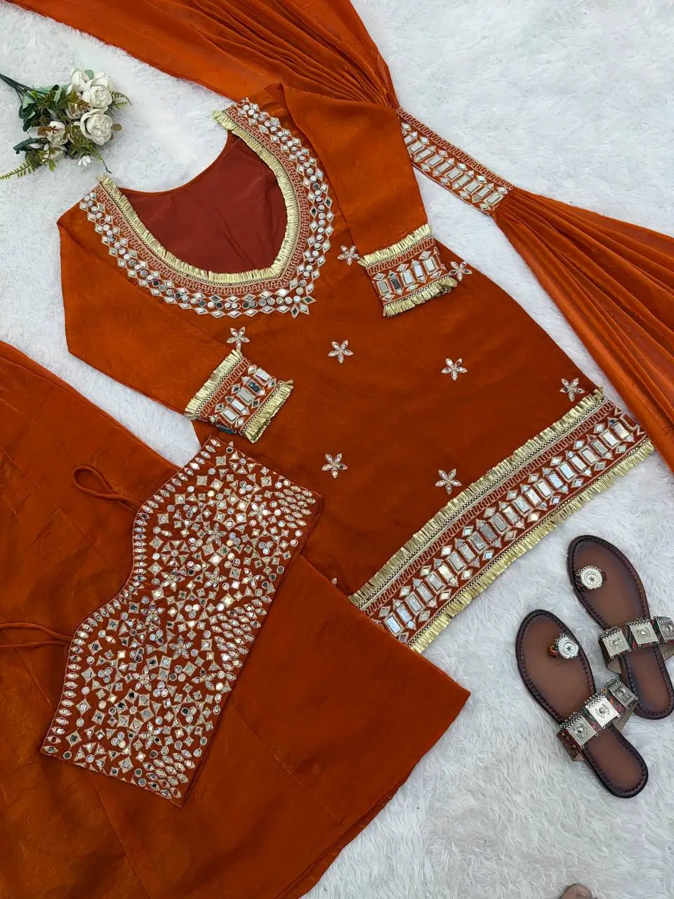 Mirror Work Fendy Silk Sharara Set with Dupatta