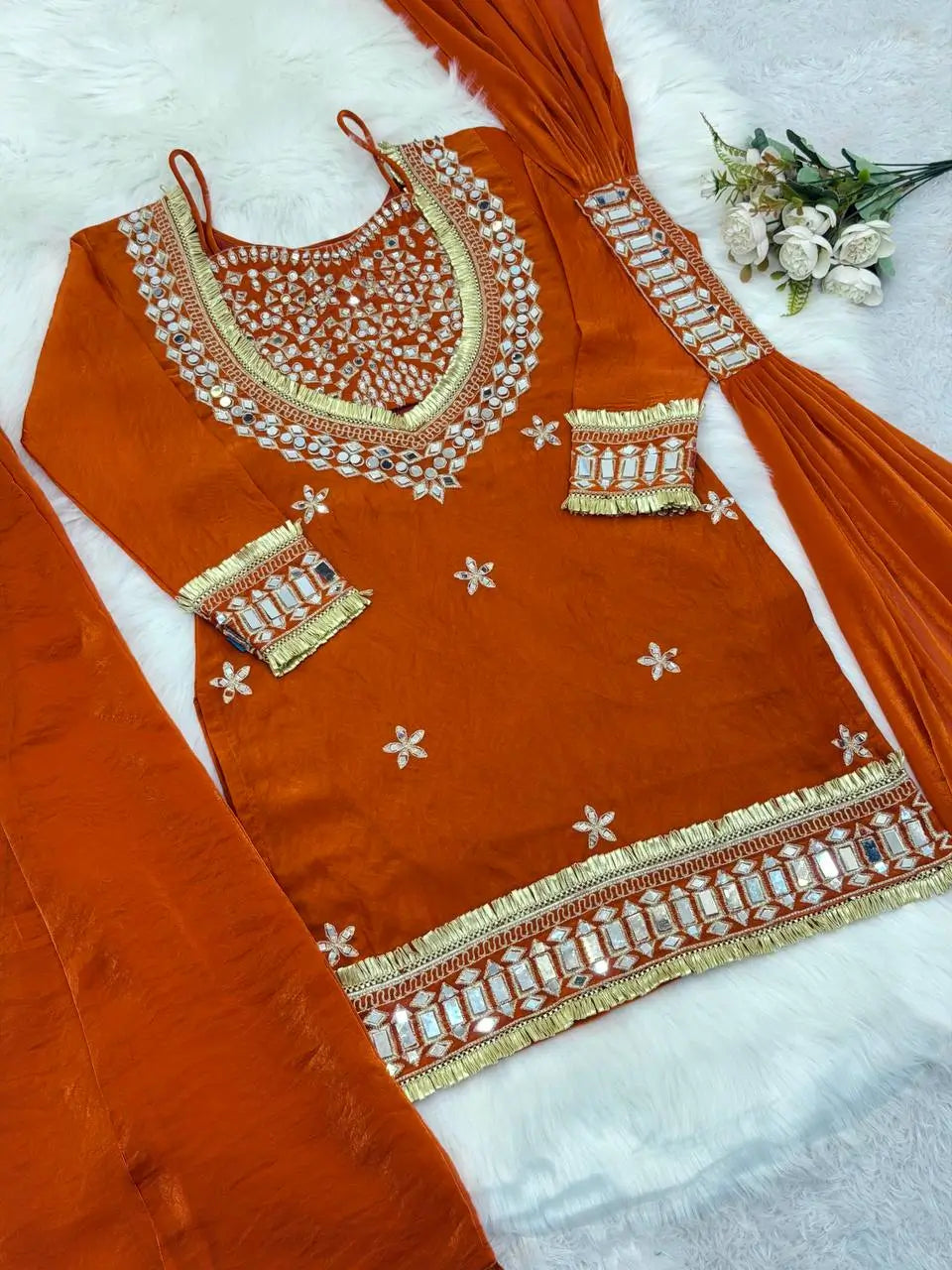 Mirror Work Fendy Silk Sharara Set with Dupatta