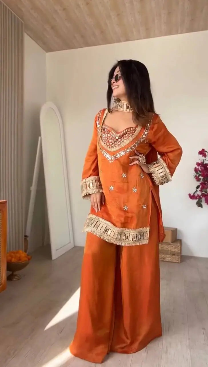 Mirror Work Fendy Silk Sharara Set with Dupatta