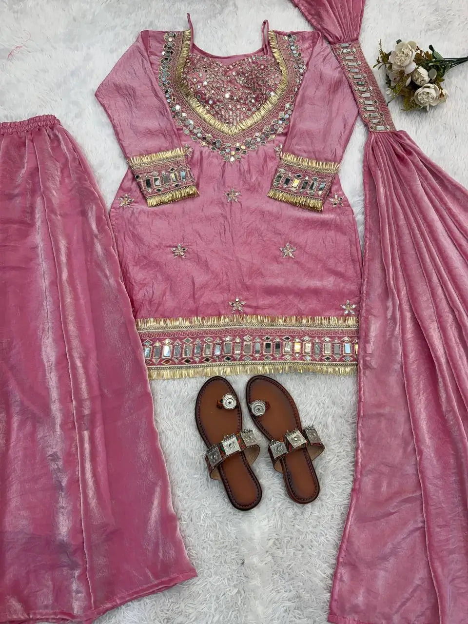 Mirror Work Fendy Silk Sharara Set with Dupatta