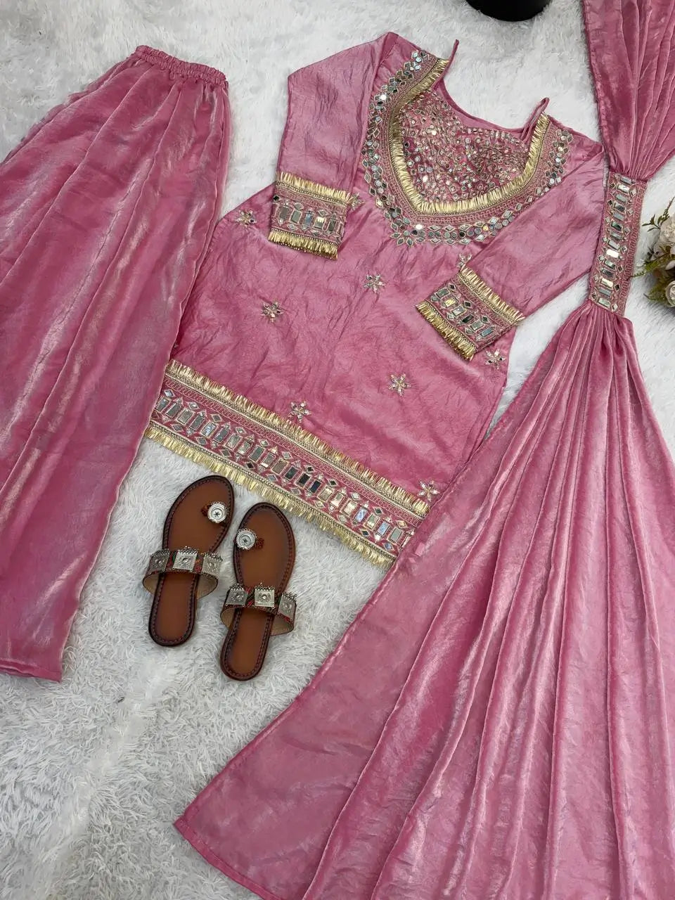 Mirror Work Fendy Silk Sharara Set with Dupatta