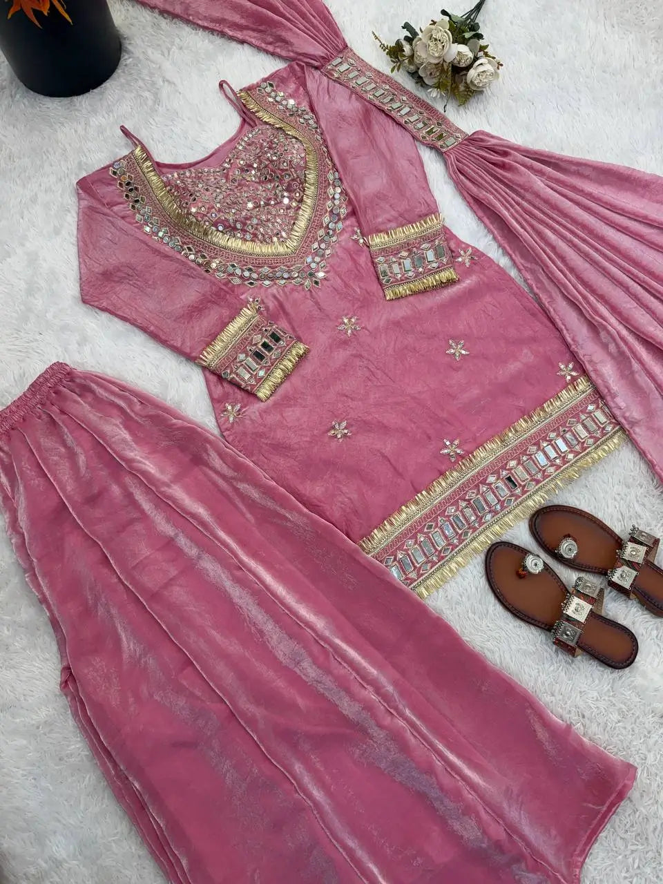 Mirror Work Fendy Silk Sharara Set with Dupatta