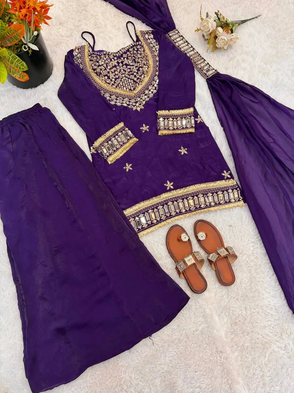 Mirror Work Fendy Silk Sharara Set with Dupatta