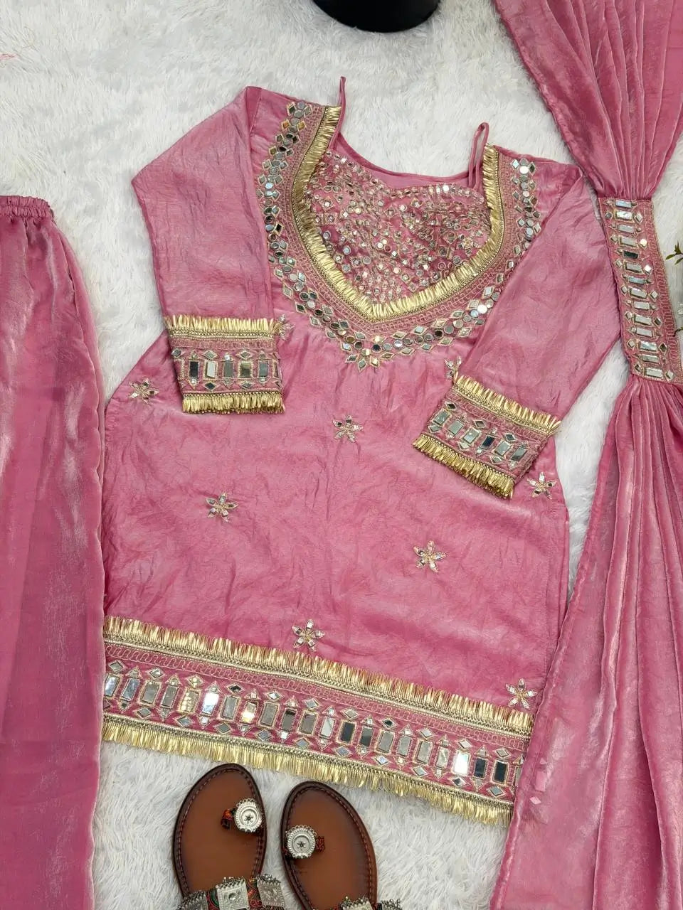 Mirror Work Fendy Silk Sharara Set with Dupatta