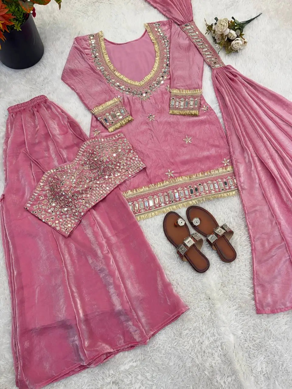 Mirror Work Fendy Silk Sharara Set with Dupatta