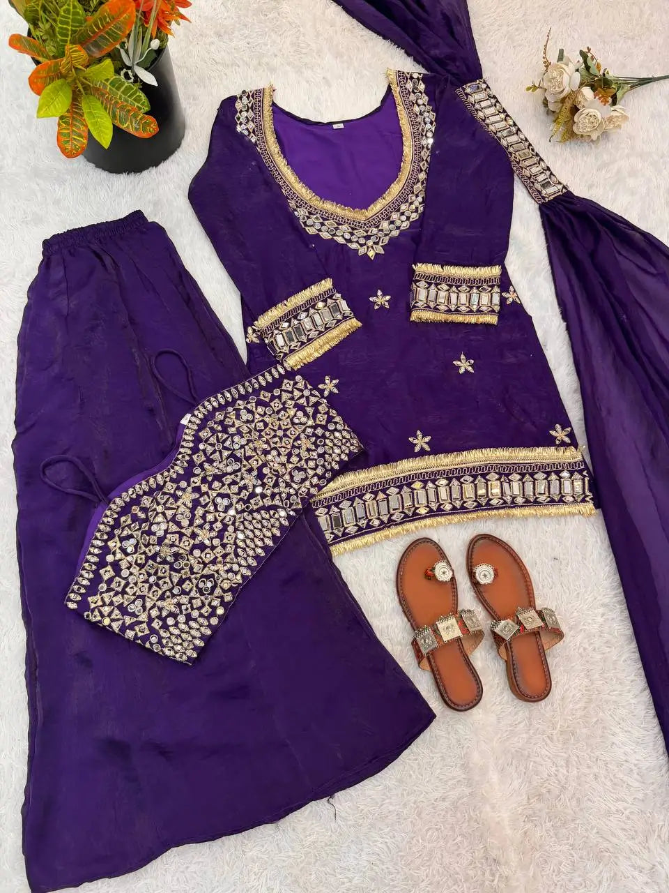 Mirror Work Fendy Silk Sharara Set with Dupatta