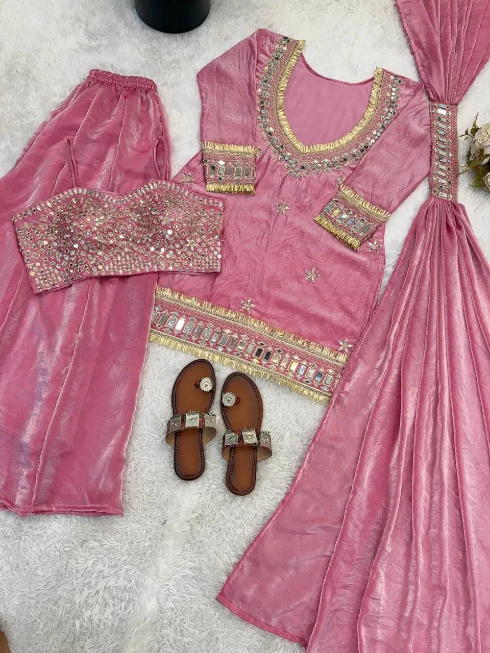 Mirror Work Fendy Silk Sharara Set with Dupatta
