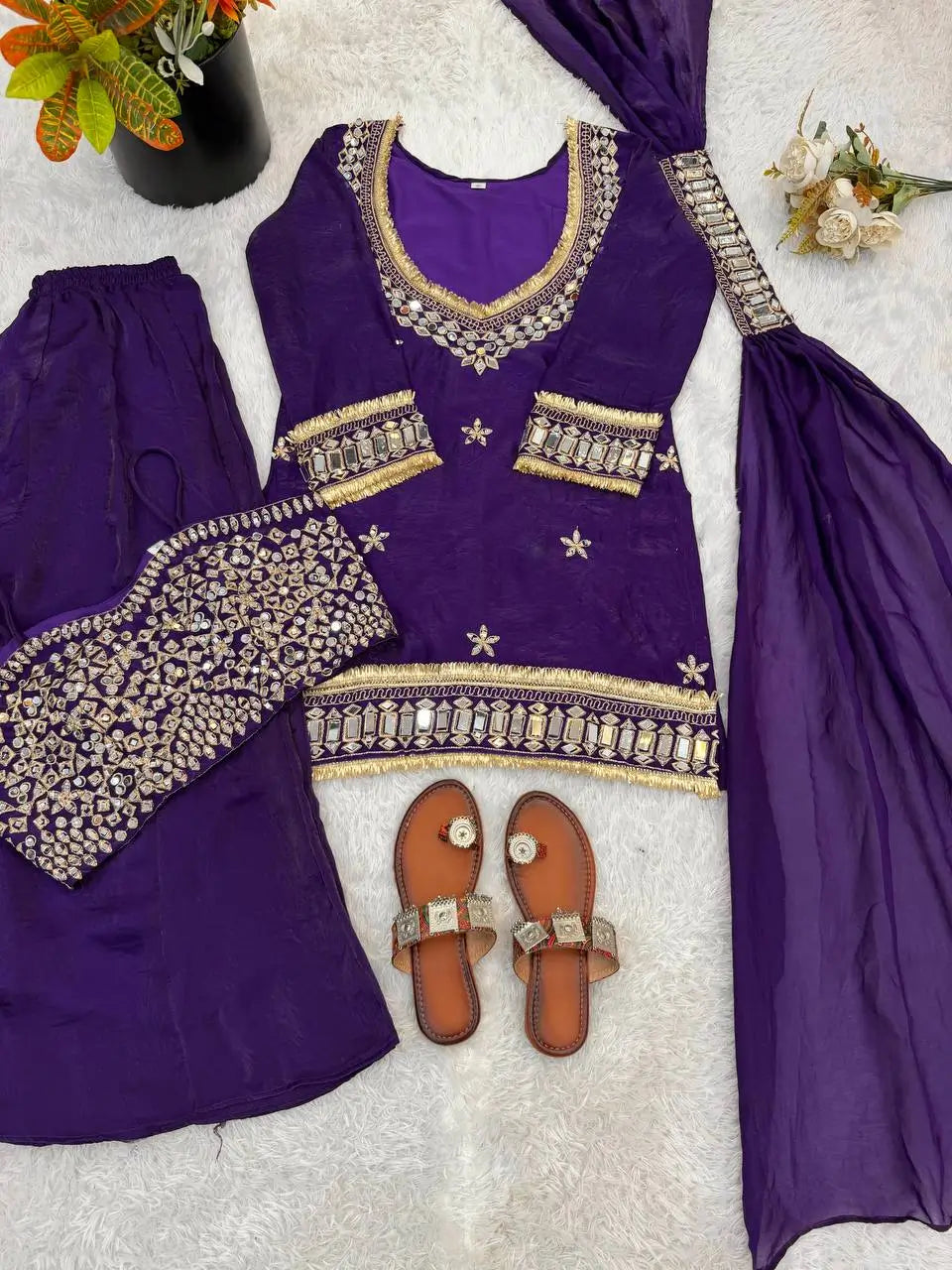 Mirror Work Fendy Silk Sharara Set with Dupatta