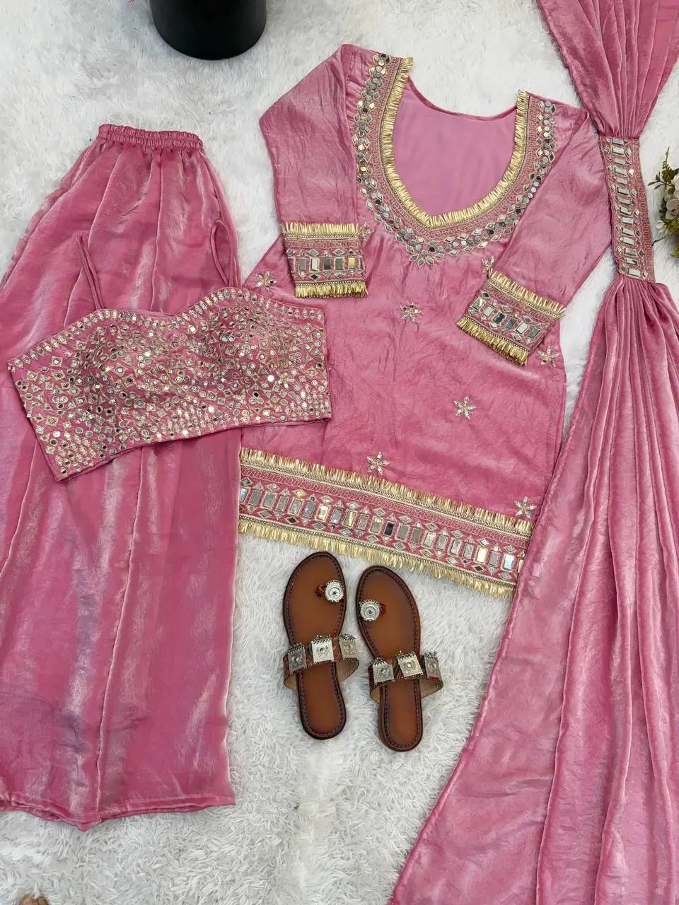 Mirror Work Fendy Silk Sharara Set with Dupatta