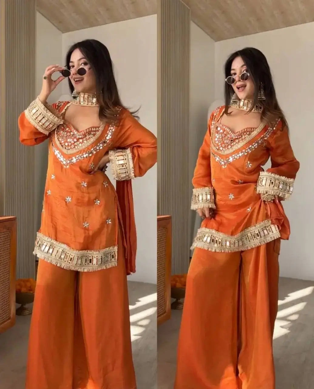 Mirror Work Fendy Silk Sharara Set with Dupatta