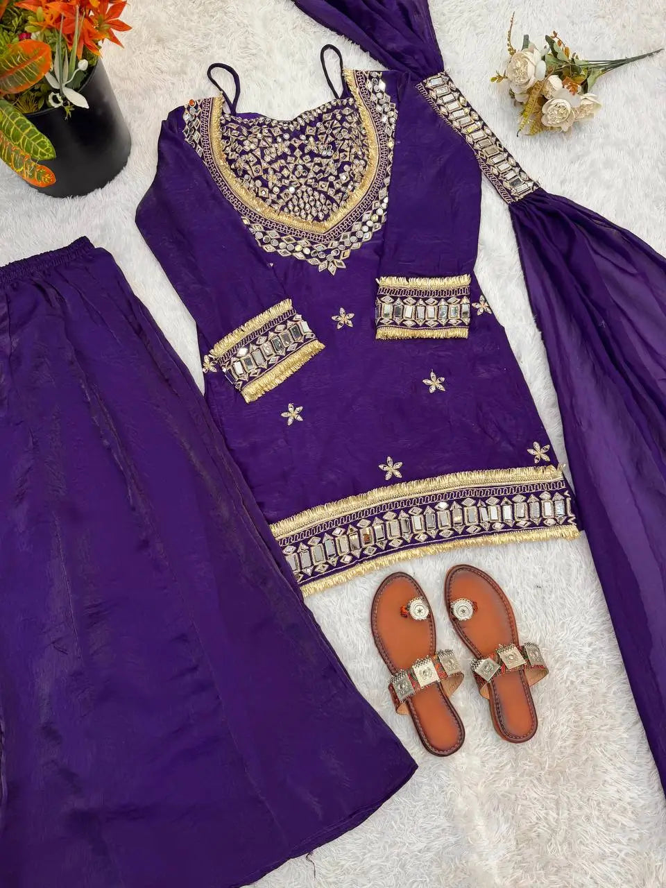 Mirror Work Fendy Silk Sharara Set with Dupatta