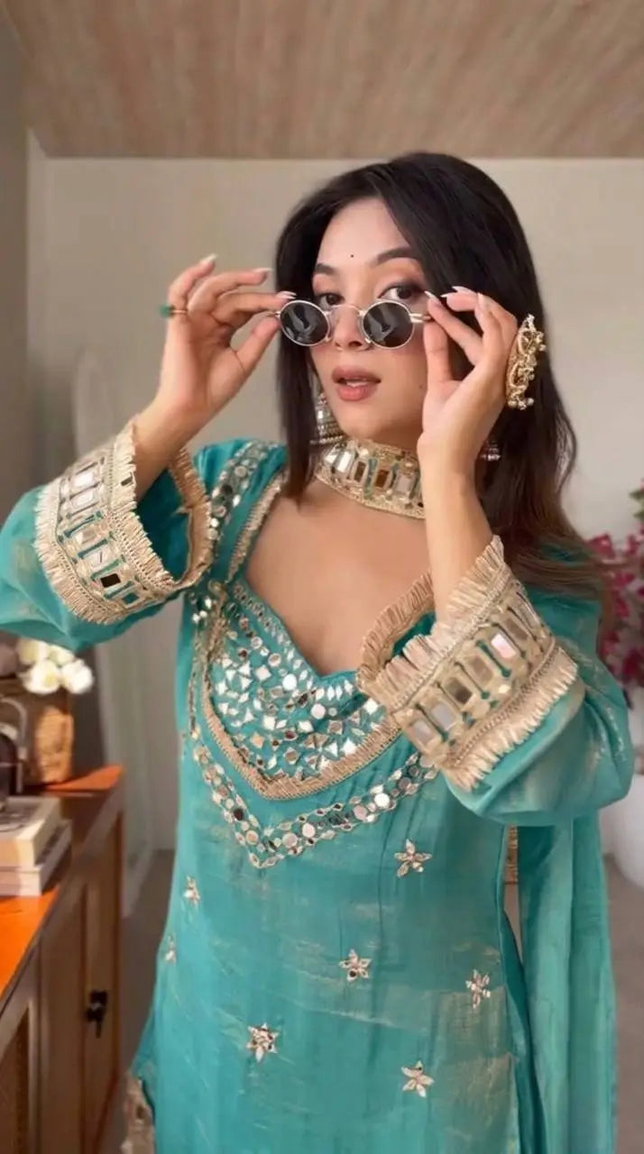 Mirror Work Fendy Silk Sharara Set with Dupatta