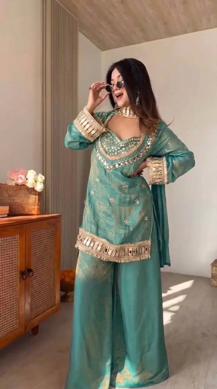 Mirror Work Fendy Silk Sharara Set with Dupatta