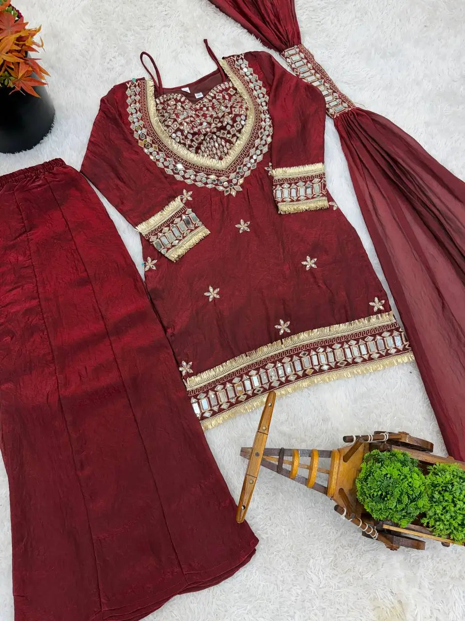 Mirror Work Fendy Silk Sharara Set with Dupatta