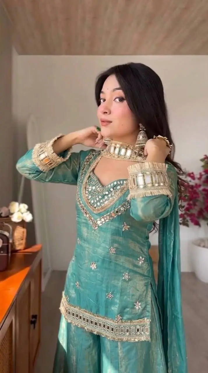 Mirror Work Fendy Silk Sharara Set with Dupatta