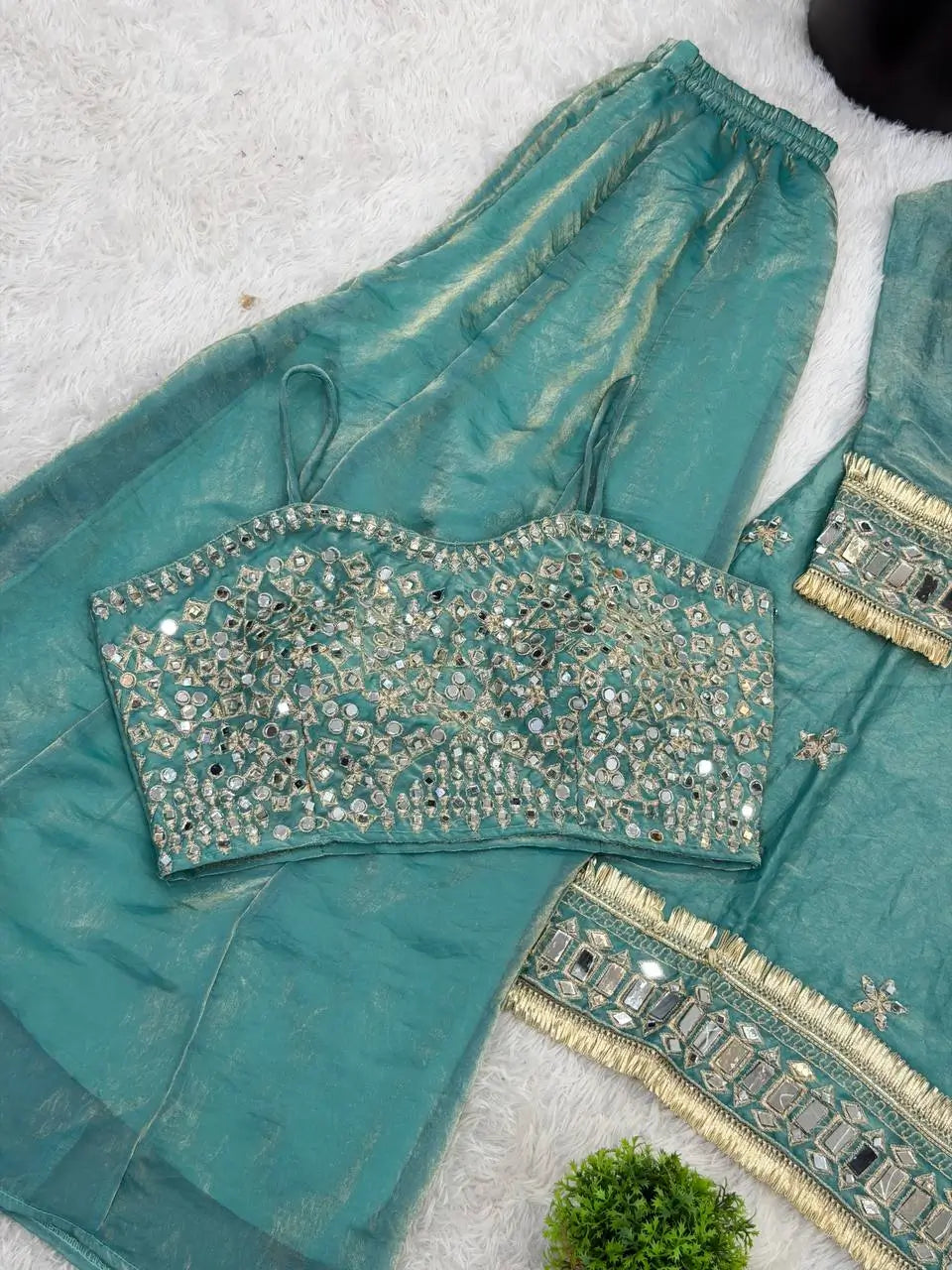 Mirror Work Fendy Silk Sharara Set with Dupatta