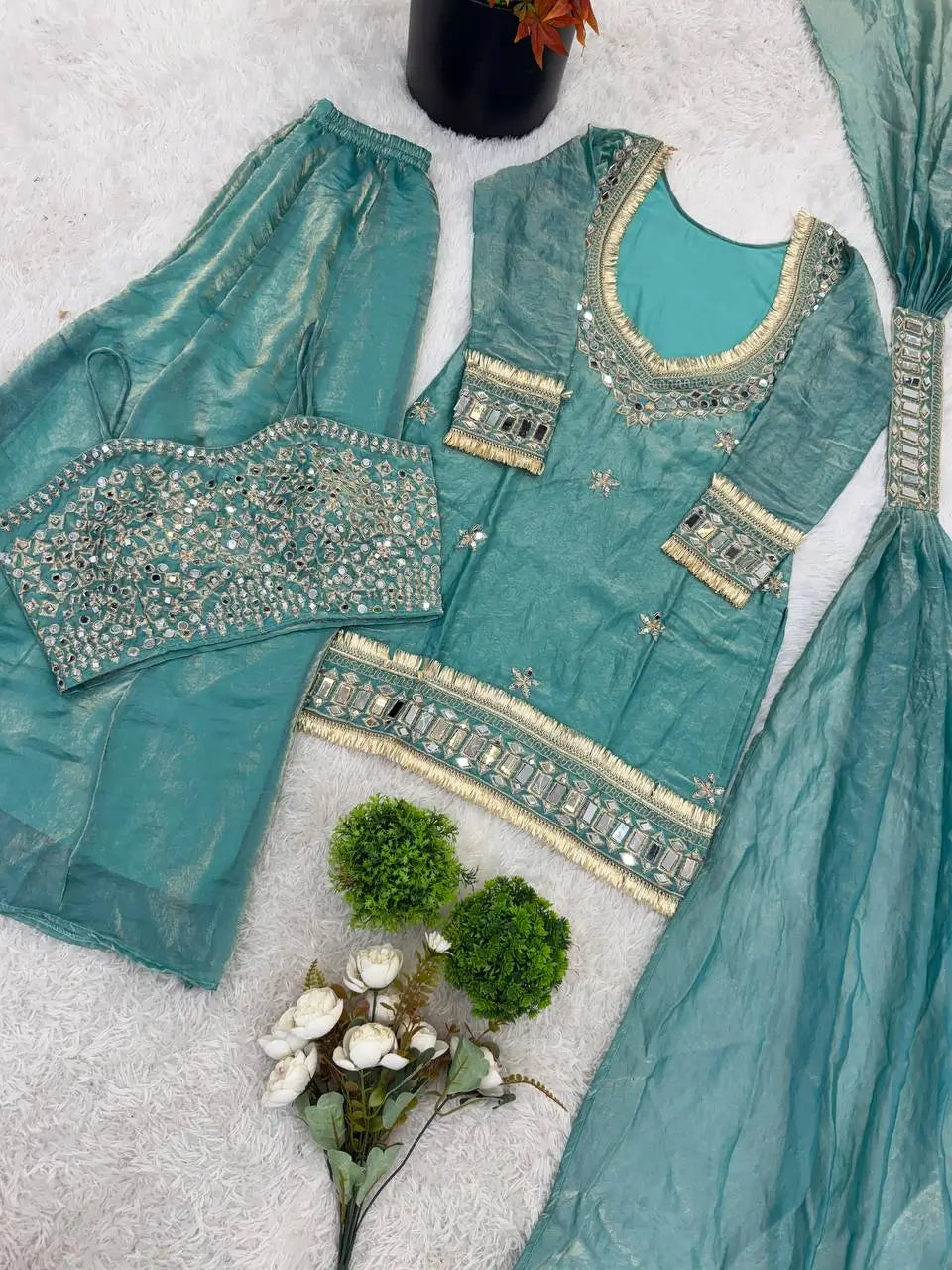 Mirror Work Fendy Silk Sharara Set with Dupatta