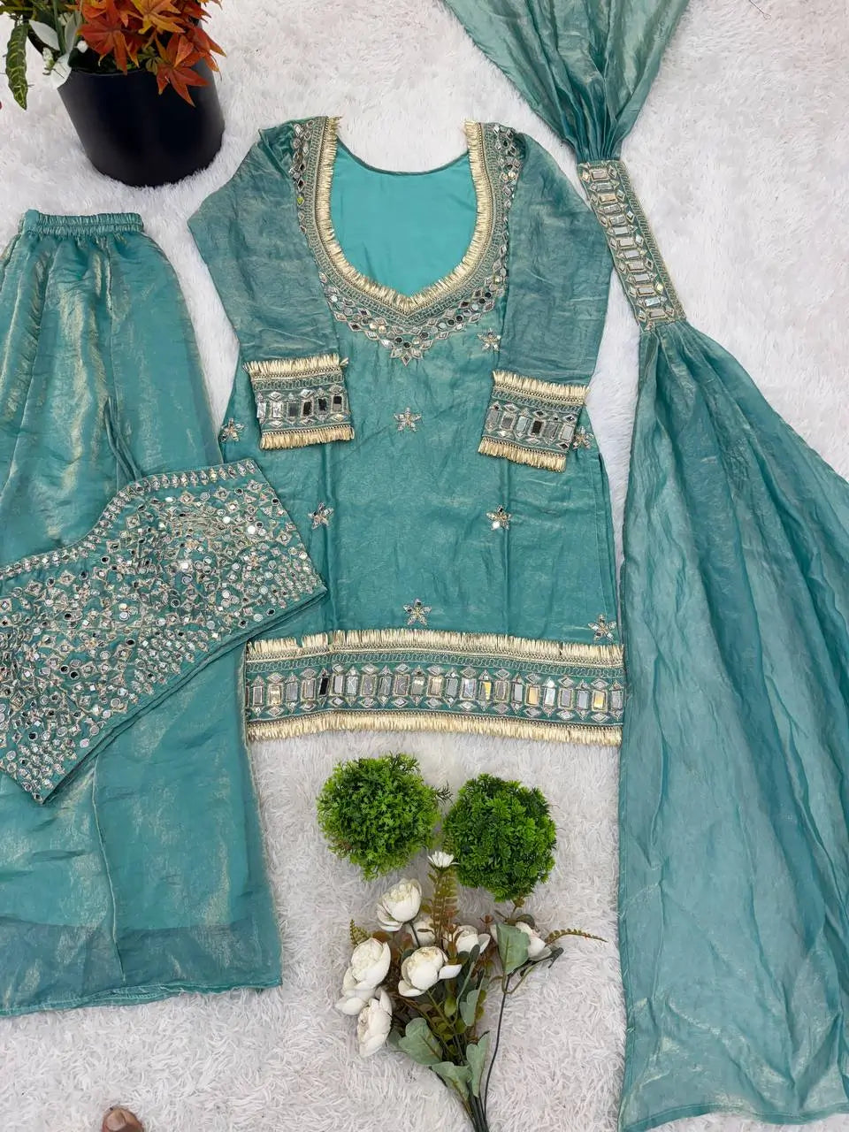 Mirror Work Fendy Silk Sharara Set with Dupatta
