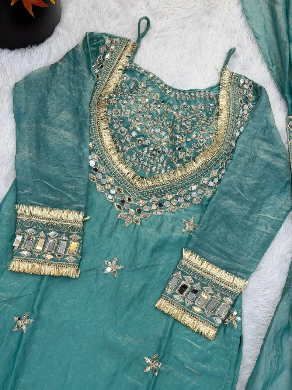 Mirror Work Fendy Silk Sharara Set with Dupatta