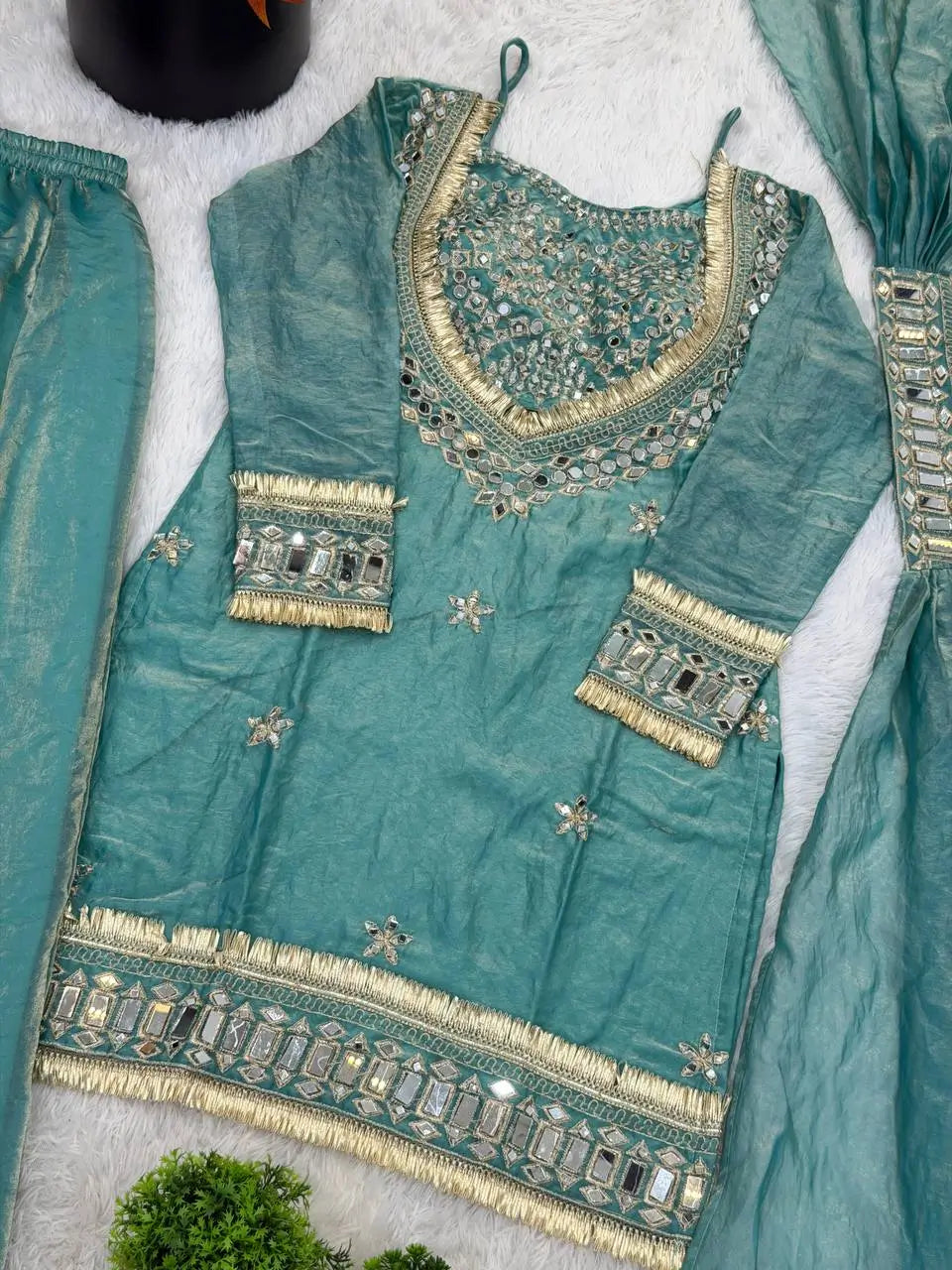 Mirror Work Fendy Silk Sharara Set with Dupatta