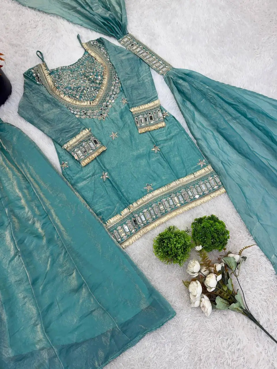 Mirror Work Fendy Silk Sharara Set with Dupatta