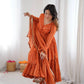 Mirror Work Mal Chanderi Ruffle Anarkali Set