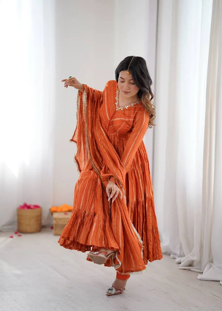 Mirror Work Mal Chanderi Ruffle Anarkali Set
