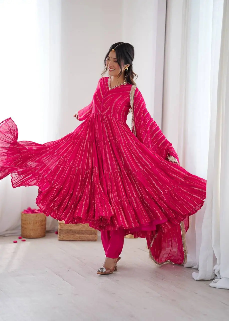 Mirror Work Mal Chanderi Ruffle Anarkali Set