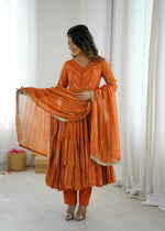 Mirror Work Mal Chanderi Ruffle Anarkali Set