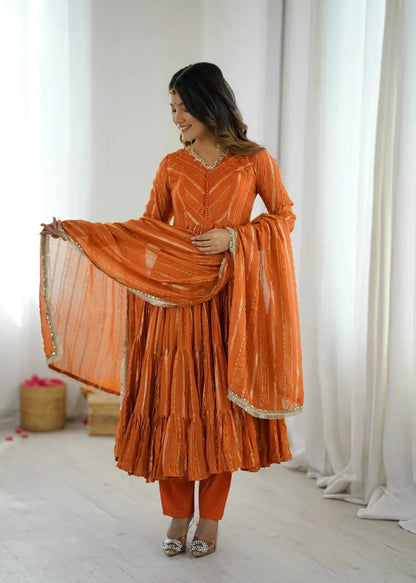 Mirror Work Mal Chanderi Ruffle Anarkali Set
