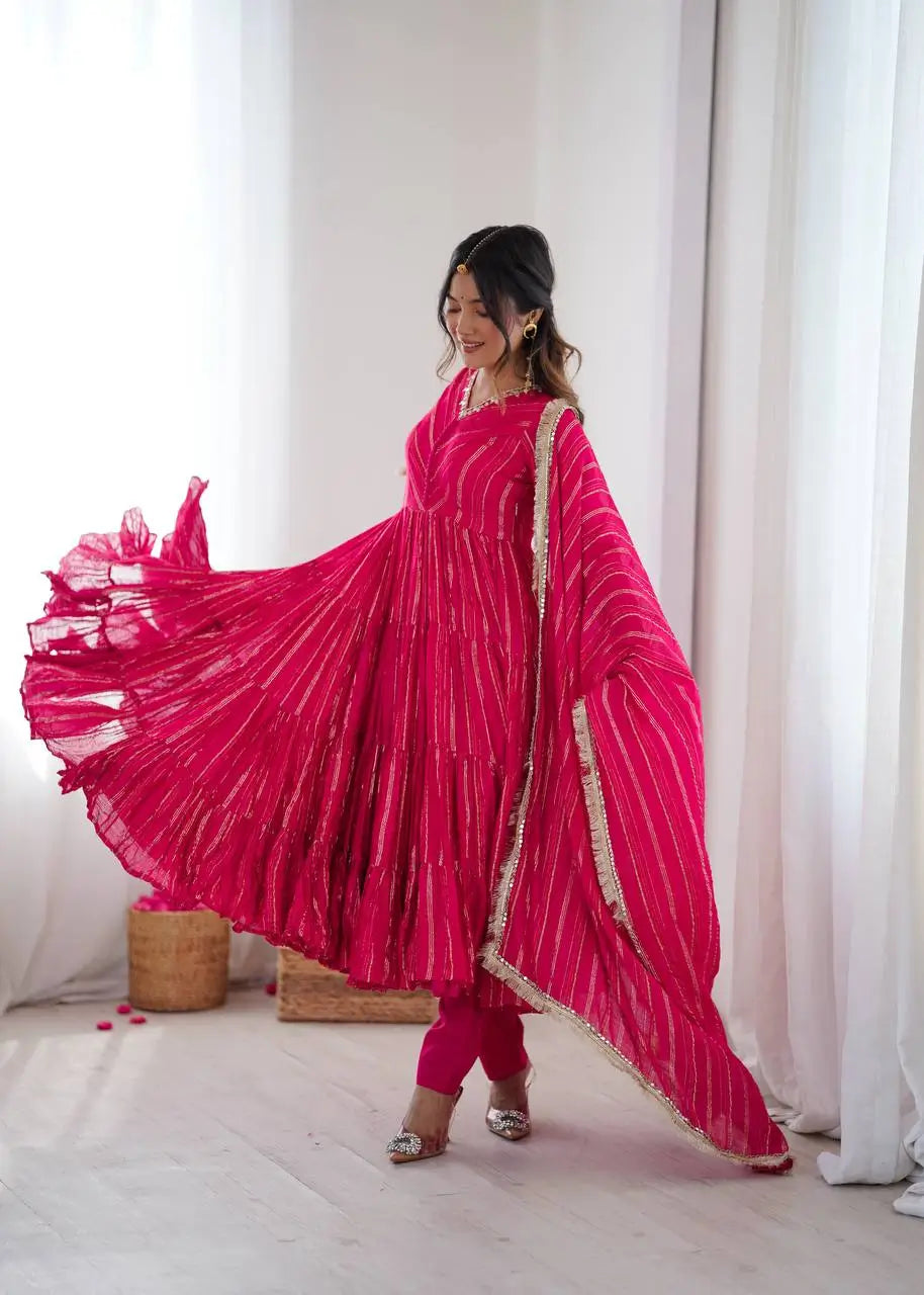 Mirror Work Mal Chanderi Ruffle Anarkali Set