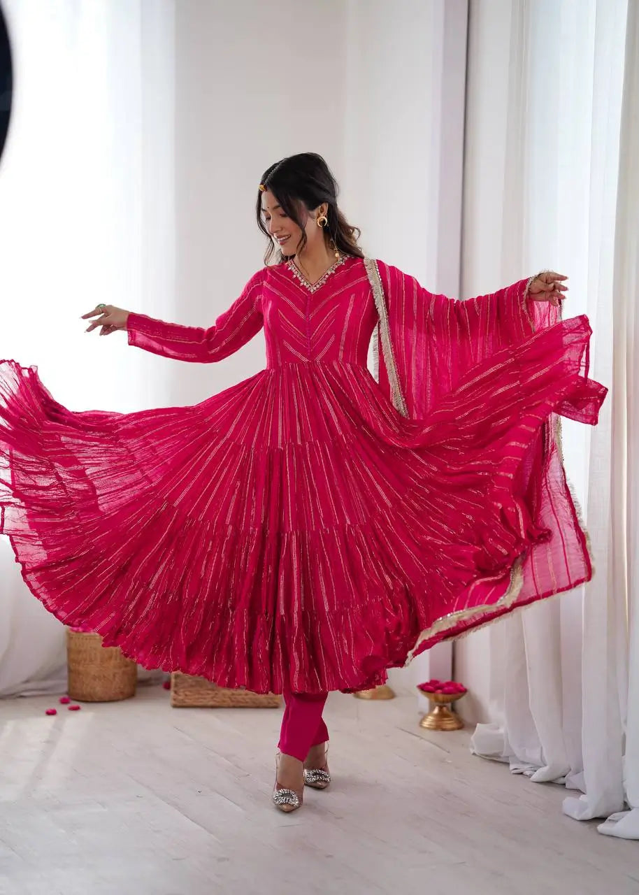 Mirror Work Mal Chanderi Ruffle Anarkali Set
