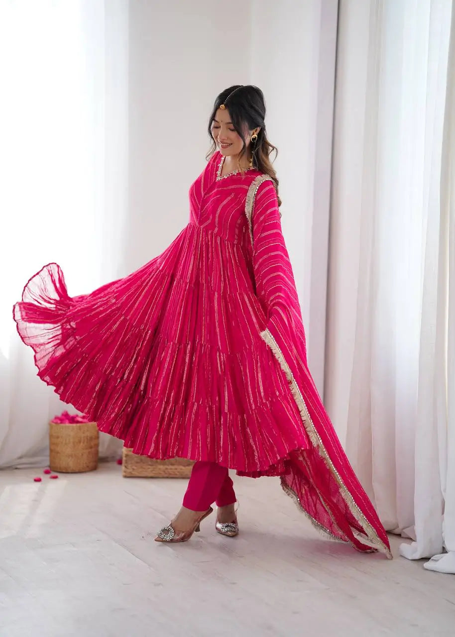 Mirror Work Mal Chanderi Ruffle Anarkali Set