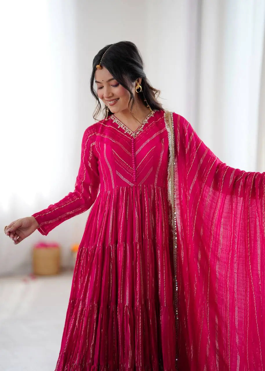 Mirror Work Mal Chanderi Ruffle Anarkali Set