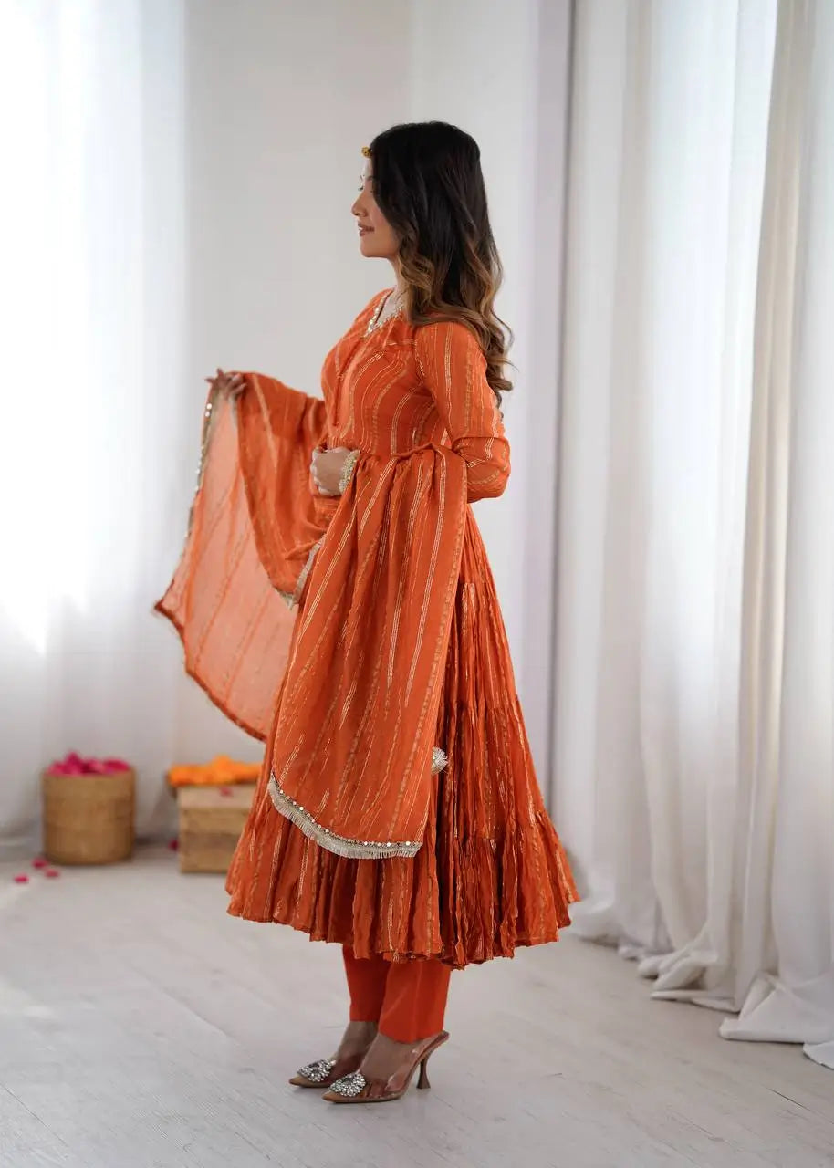 Mirror Work Mal Chanderi Ruffle Anarkali Set
