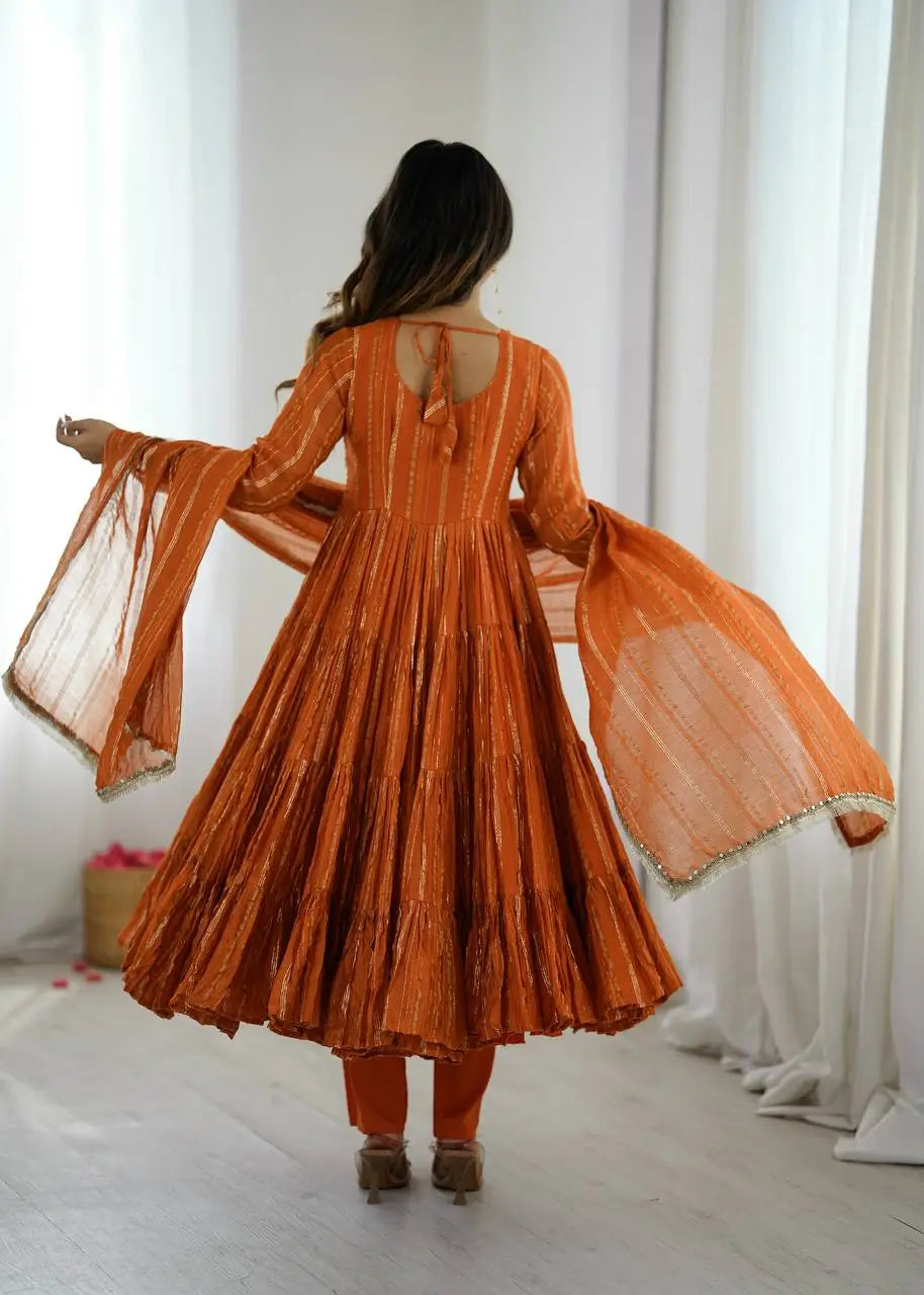 Mirror Work Mal Chanderi Ruffle Anarkali Set