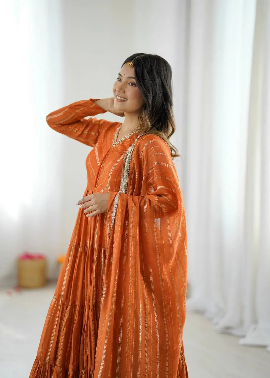 Mirror Work Mal Chanderi Ruffle Anarkali Set