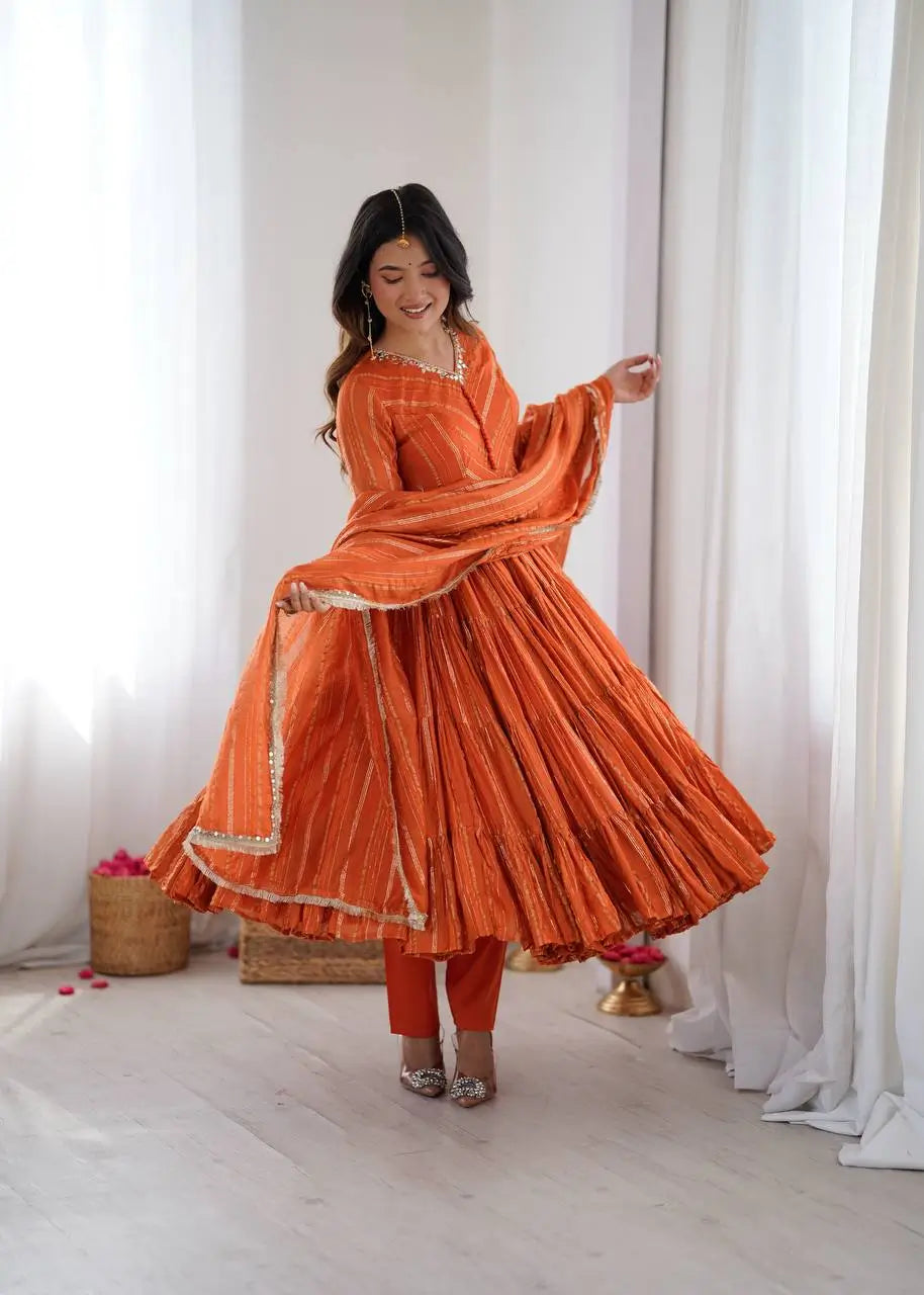 Mirror Work Mal Chanderi Ruffle Anarkali Set