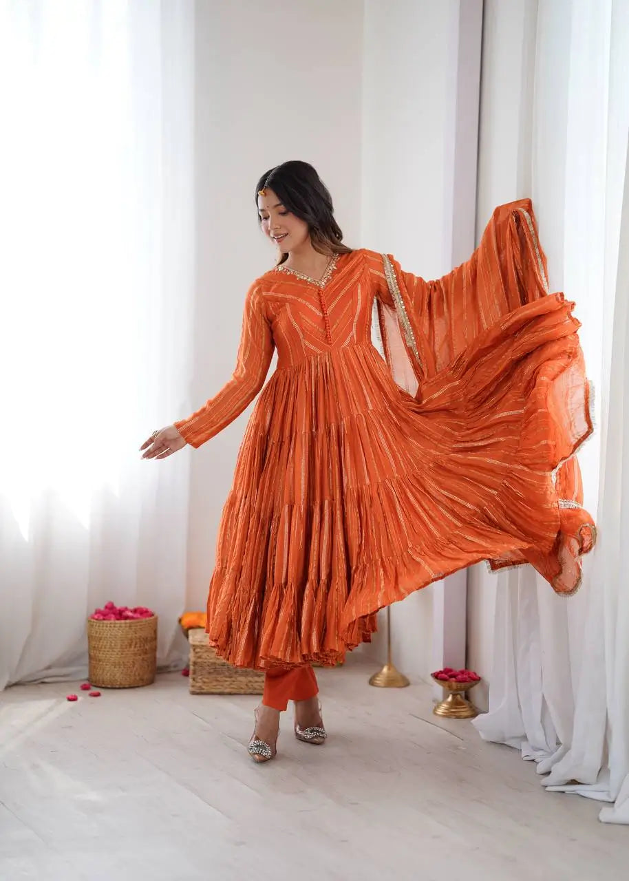Mirror Work Mal Chanderi Ruffle Anarkali Set